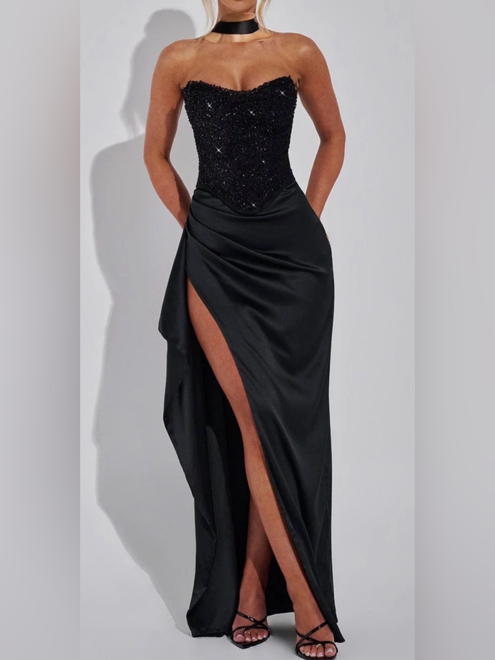 Strapless Black Sequin Bodice Evening Gown with high slit and satin sash sz 10